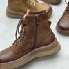Johnature Handmade Thick Soled Genuine Leather Short Boots Retro Round Toe Lace Up Side Zipper Cowhide Women's Shoes