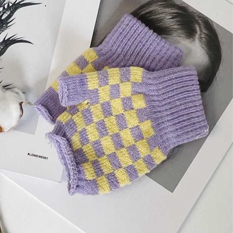 Теплые перчатки трикотажные клетчатые морозостойкие перчатки с половиной пальца для женщин зимние