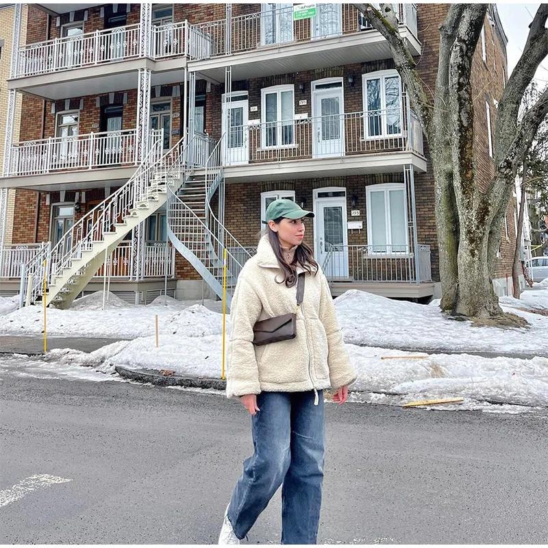 Зимняя женская шерстяная куртка с пушистыми лацканами, модная однотонная куртка с длинным рукавом и двойной молнией, женские осенние карманы, женские куртки