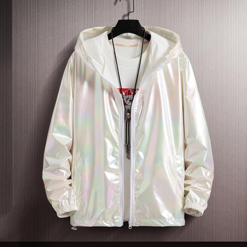 Блестящая куртка унисекс, пальто с лазерным капюшоном, переливающийся голографический топ Harajuku с защитой от солнца, большие размеры