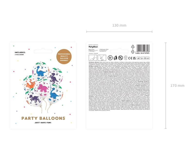 Partydeco Balony 30Cm Dinozaury Pastel Białe 6 Szt