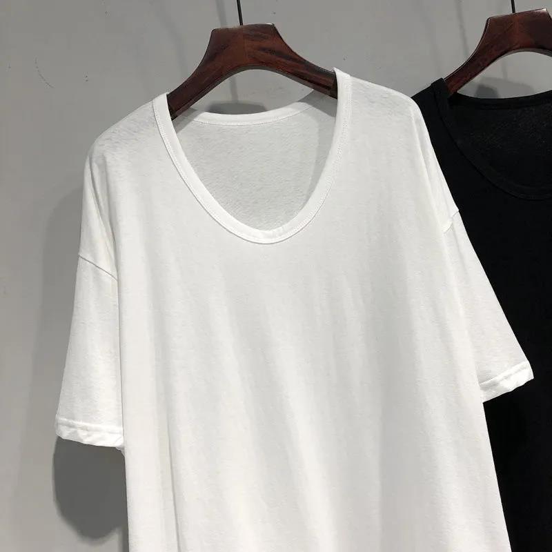 Весенняя и летняя арка, корейская версия корейской версии The Loose, Lazy, футболка средней длины с U-образным воротником и рукавами «летучая мышь», женский топ с короткими рукавами