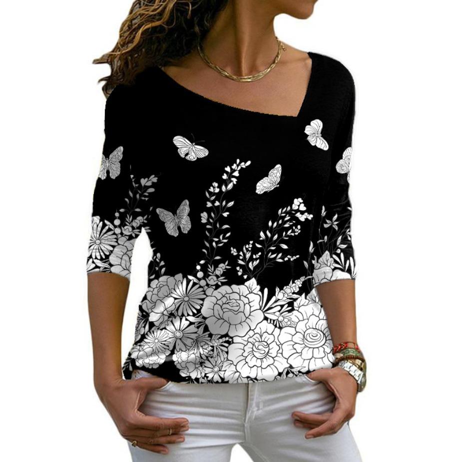 Футболки с косым воротником, длинный рукав, цифровая модная принтованная косая горловина, женская повседневная футболка для женщин