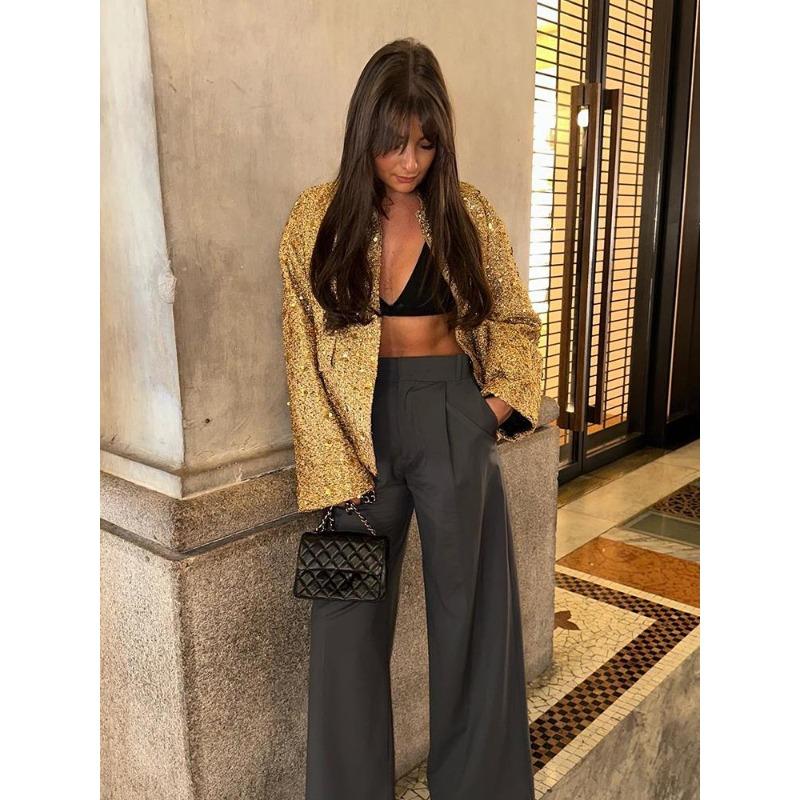 Блестящая куртка с воротником-стойкой и блестками для женщин 2023, осень-зима, с длинным рукавом, золотого цвета, повседневное свободное женское пальто, шикарное карманное модное уличное пальто, винтажное пальто