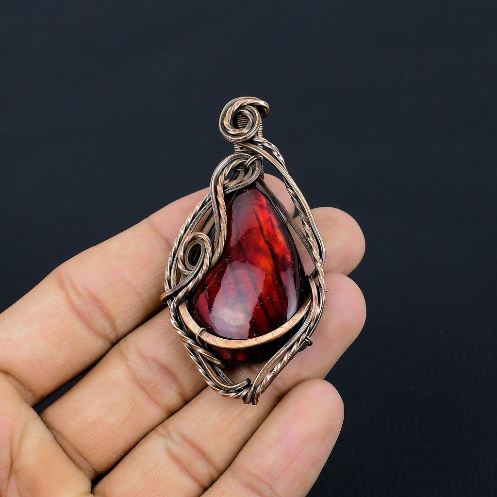 Red Flash Labradorite Pendant, 999 Copper Wire Wrapped Jewelry, Gemstone Jewelry Pendant, Handmade Wedding Gift Jewelry