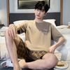 2 Pieces Set Men's Summer Cotton Pajamas Set  Short Sleeping Tops Pants Sleepwear Male Casual Nightwear Pyjama