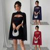 Женское мини-платье bodycon с вырезами на рукавах-кейпах, высоким воротником, в рубчик, с блестками, полупрозрачная сетка, для вечеринки, клуба