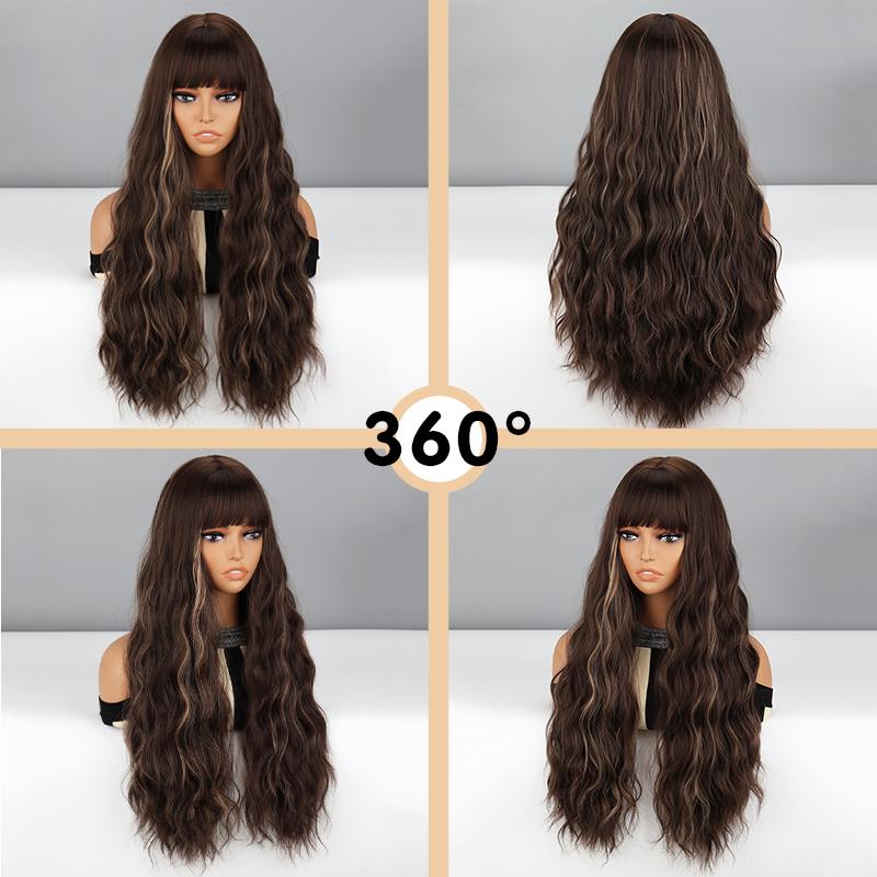 MISS WIG Женская мода Коричневый со светло-русыми бликами Длинный волнистый парик с челкой Натуральный волнистый парик из синтетического волокна