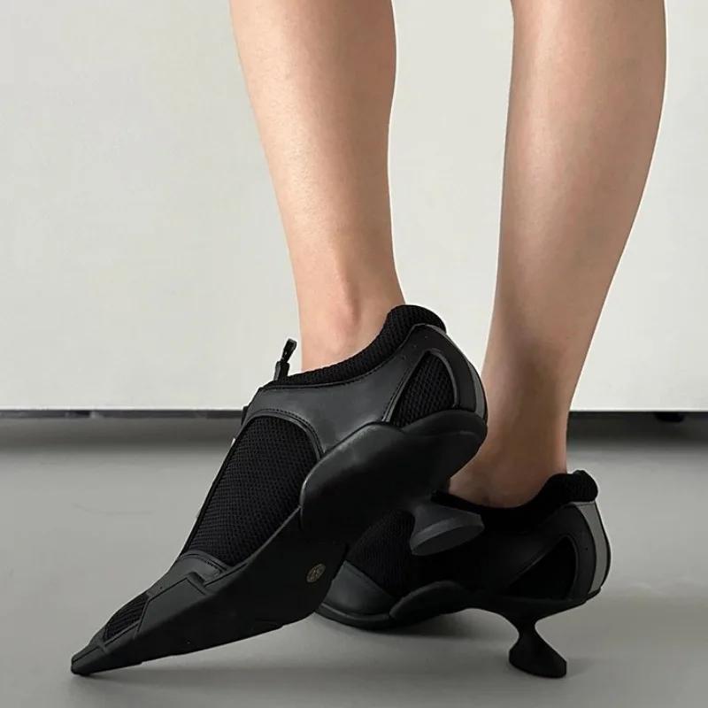 Мода 2025 Весна Черный Заостренный носок Спортивные Высокие Кроссовки Каблуки Женские Сетчатые Боксерские Повседневные Туфли Дизайн Бренда Модная Сексуальная Обувь