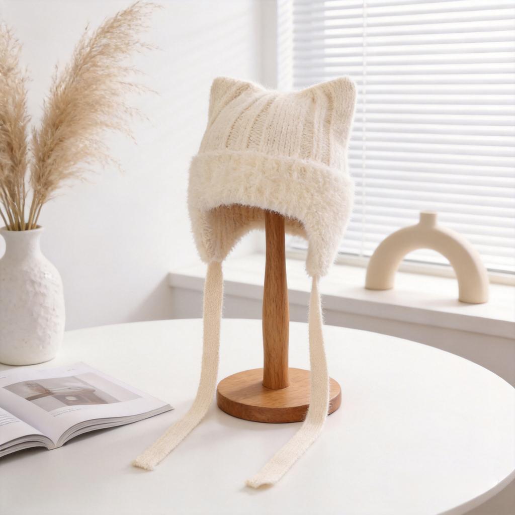 Cat Ears Plush Ear Hat Women's Winter Warm Knitted Hat Show Face Cute Sweet Wool Hat Autumn and Winter