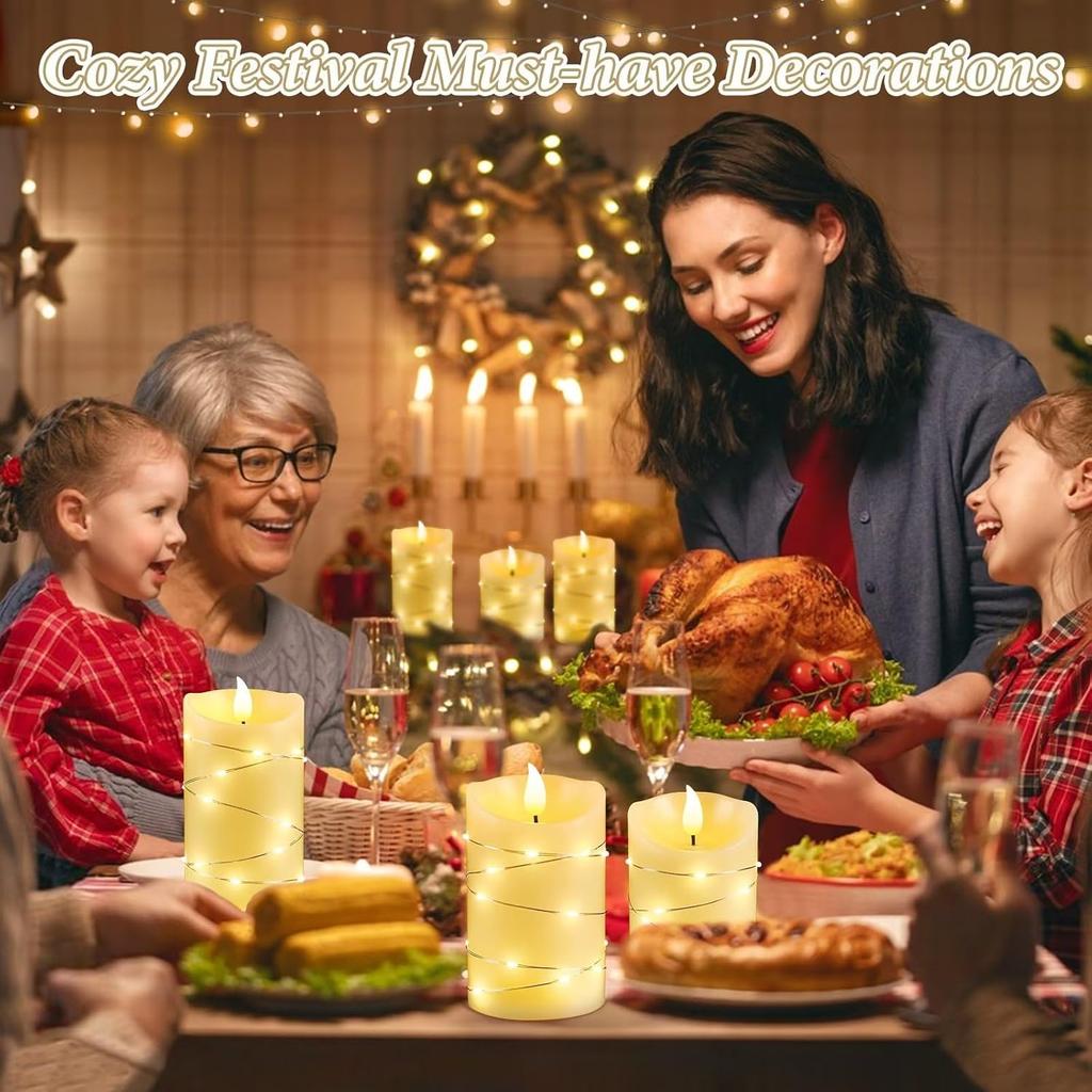 Светодиодная свеча без пламени, со встроенной гирляндой из звезд, набор из 3 светодиодных свечей, с таймером и пультом дистанционного управления для Рождества, свадьбы, вечеринки