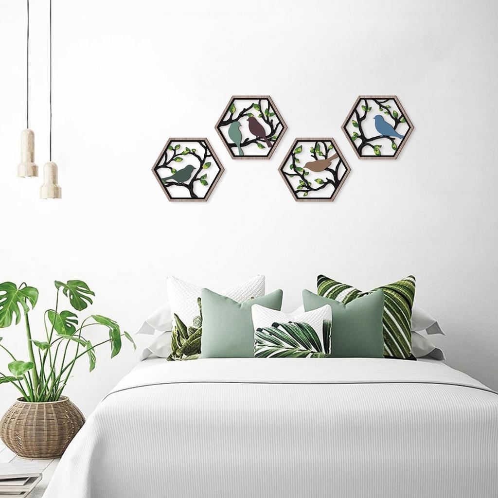 CHDITB 4Pcs Wooden Bird on Birch Tree Branch Wall Art, Boho Modern Green Leaves Silhouette Bird Laser Cut Artwork, Rustic Farmhouse Nature Wall