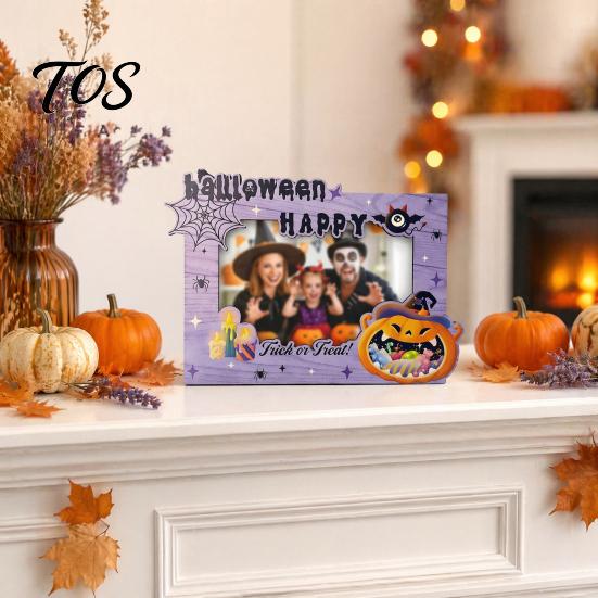 Indoor Festival Decorations Halloween Wooden Photo Frame, Double Layer Wood Tabletop Picture Holder, Holiday Table Creative Display Stand for