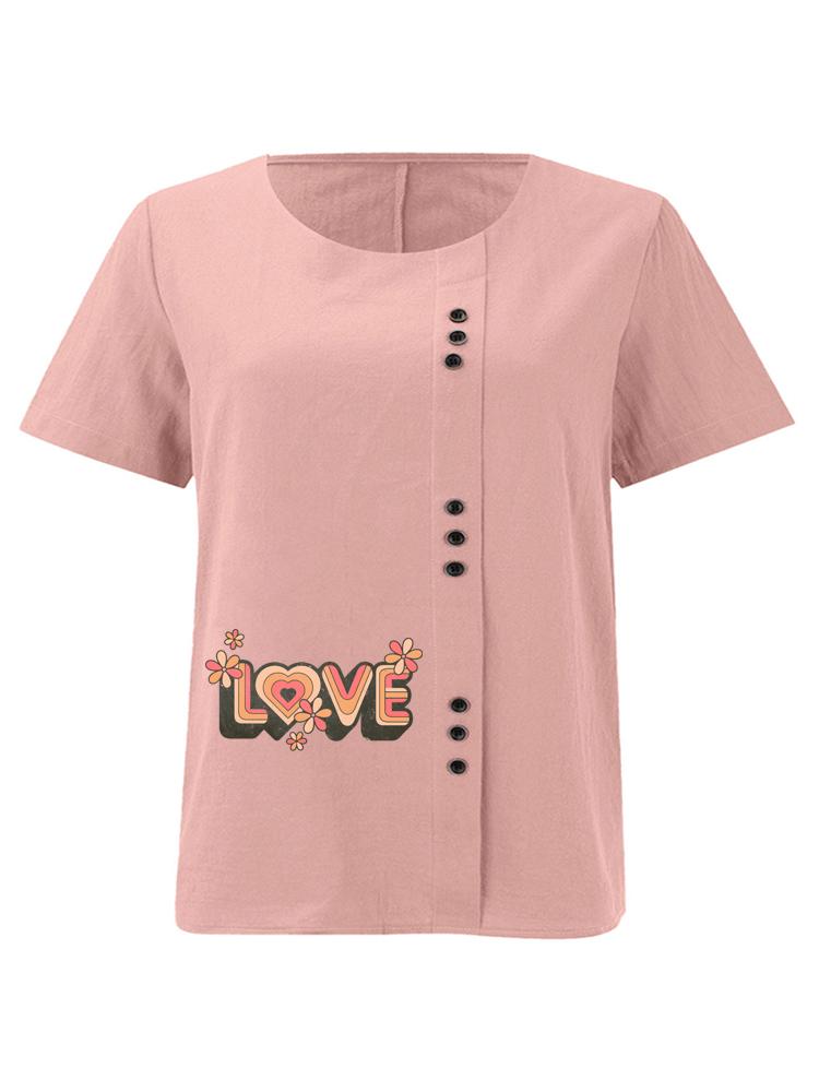 Women's Fashion Love Letters Print Casual Cotton Linen Short Sleeve Round Neck T-shirt Shirt Leisure Loose Summer Blouse Tops