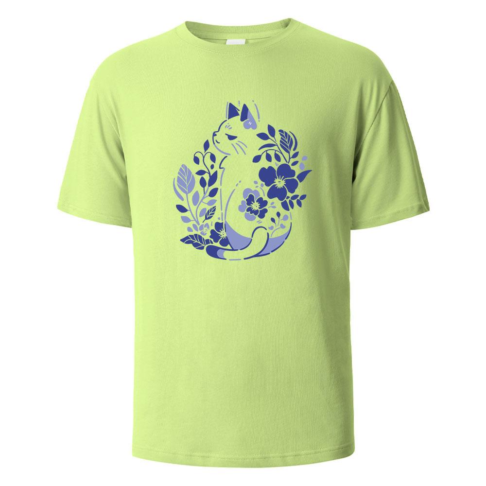 Mens Printed TShirt Blue And White Porcelain Cat Graphic 100Cotton Oneck Shortsleeved Tees For Men Women Summer Fashion Tops