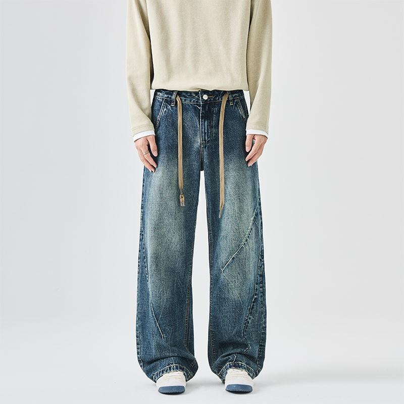 Vintage Deconstructed Jeans Mens American Streetwear Distressed Loose Drawstring Wide Leg Pants