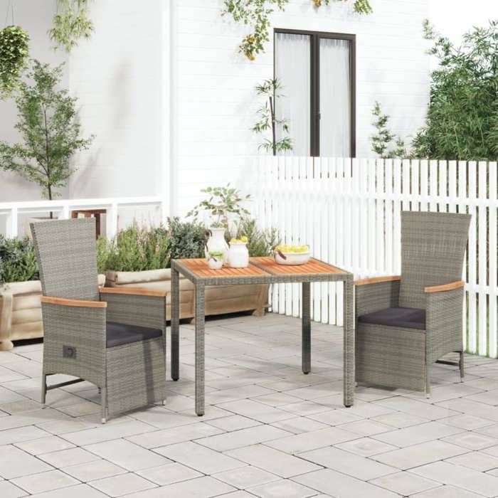 VidaXL 3-piece Garden Dining Set Grey Cushions Resin Wicker, Dining Set, Dining Set 3157555