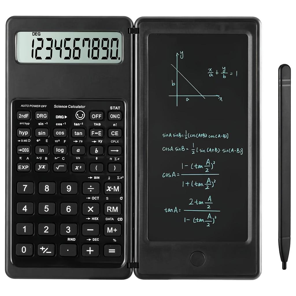 10-Digit LED Display Scientific Calculator with Handwriting Pad, Dual Power with Button Battery, Foldable Desktop Calculator with One-Click Erase,