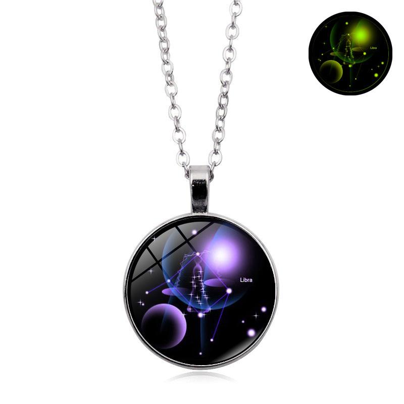 Glowing Zodiac Constellation Gemstone Pendant Necklace Vintage Versatile Sweater Chain Jewelry Accessory