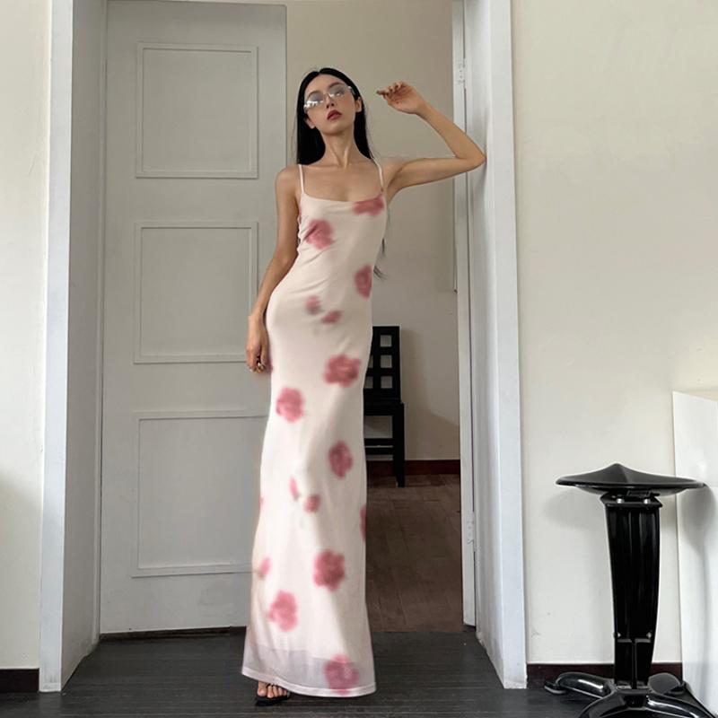 Fairycore Grunge Elegant Midi Dress Women Y2k Vintage Streetwear Spaghetti Strap High Waist Florals Printed Party Dress Female