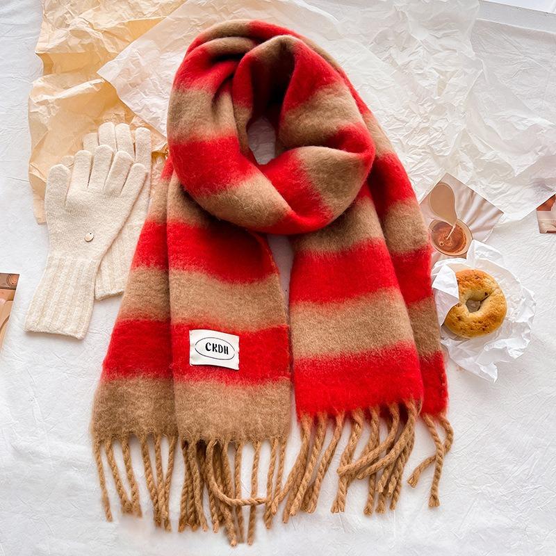 Retro Wool Scarf Women's Winter High-end Sense Versatile Striped Color Matching Warm Knitted Thickened Scarf