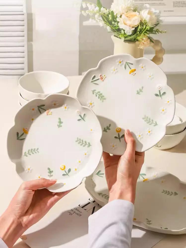 6/8,5-дюймовая керамическая обеденная тарелка с цветочным узором, матовая кухонная тарелка для пасты, хлеба, десерта, ресторанная посуда, сервировочное блюдо