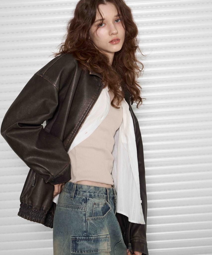 Кожаная Oversize куртка-блузон из стираной кожи [Стираный черный]