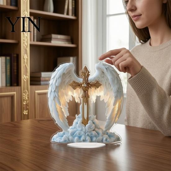 Religious Acrylic Table Stand Angel Wings Cross Sign, Wing Statue, Large Centerpiece for Christmas Tabletop Ornaments Home Living Room Bedroom Office