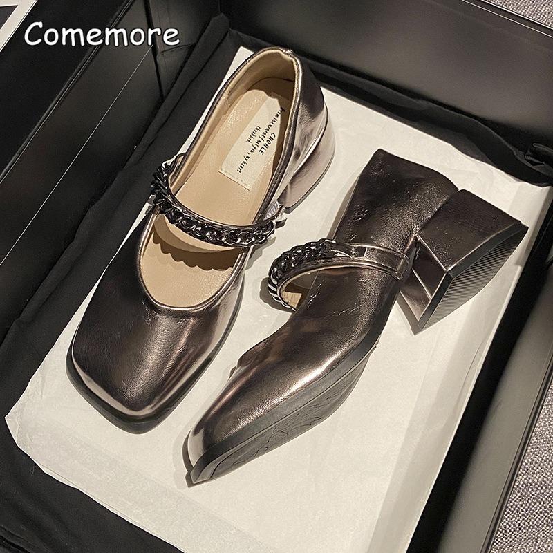 Fashion Brown Mary Jane Shoes with Chain Decor Spring Autumn Square Toe VintagePumps for Women's Elegant Dress Shoes Zapatos De Mujer