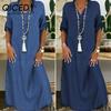 Летнее джинсовое платье для женщин, повседневные весенние синие макси-платья с V-образным вырезом и рукавом до локтя, длинные платья больших размеров с разрезом