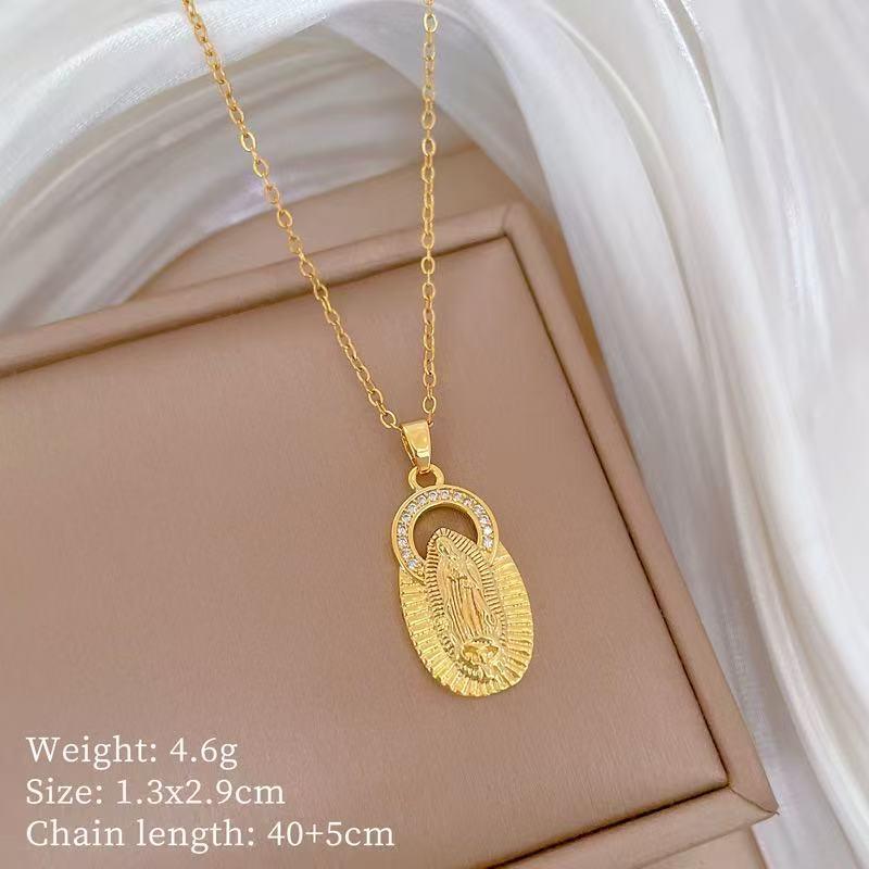Gold Plated Mary Necklace CZ Inlaid Heart Choker Titanium Steel Religious Jewelry Gift for Women