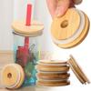 Silicone Seal Ring Storage Bottles Bamboo Wood Lids Wide Mouth Cup Mason Jar Lid With Straw Hole