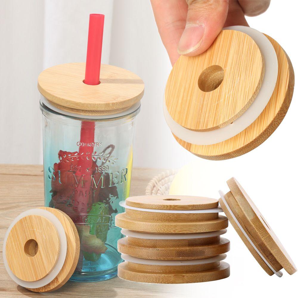 Friendly Covers Caps Storage Bottles Mason Jar Lid Bamboo Wood Lids With Straw Hole Wide Mouth Cup