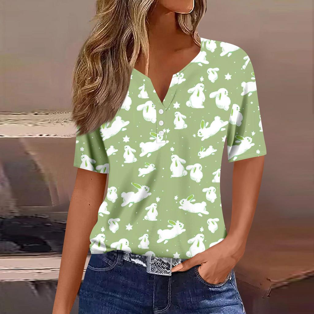 Women's Casual Print V-Neck Short Sleeve Decorative Button T-Shirt Top