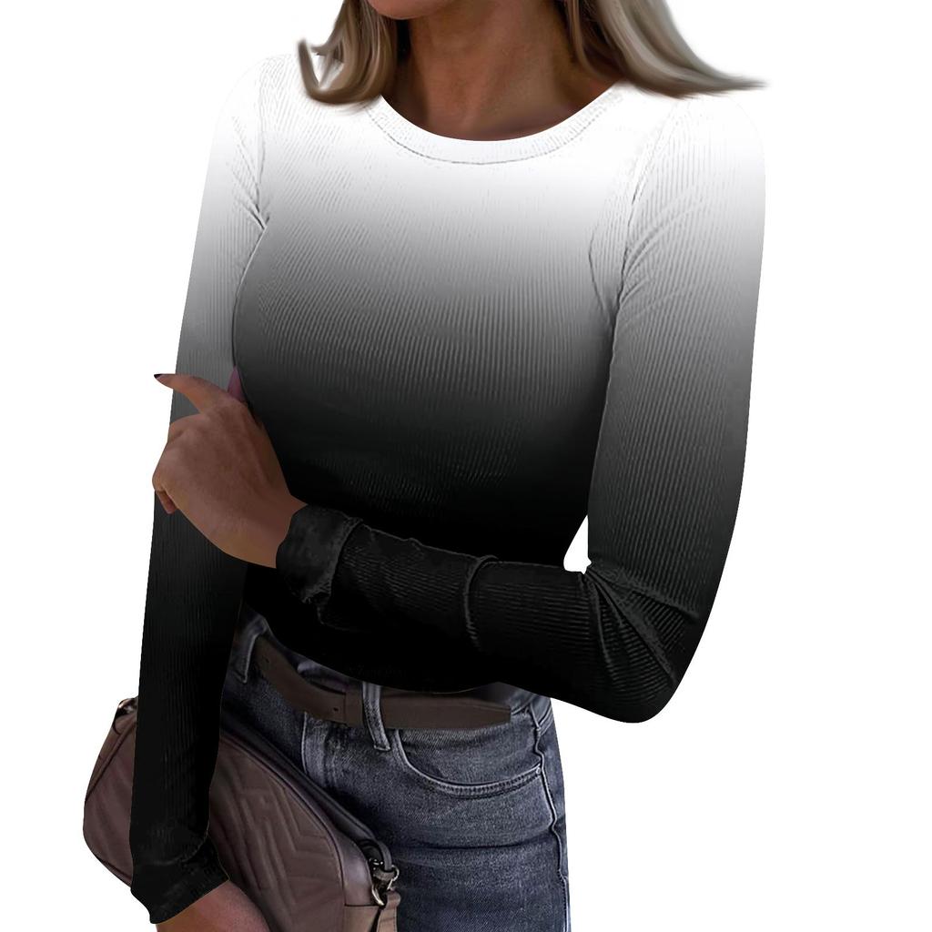Women's Autumn And Winter Slim Bottom T-shirt Fashion Casual Gradient Printing Round Neck Pullover Long Sleeve Top