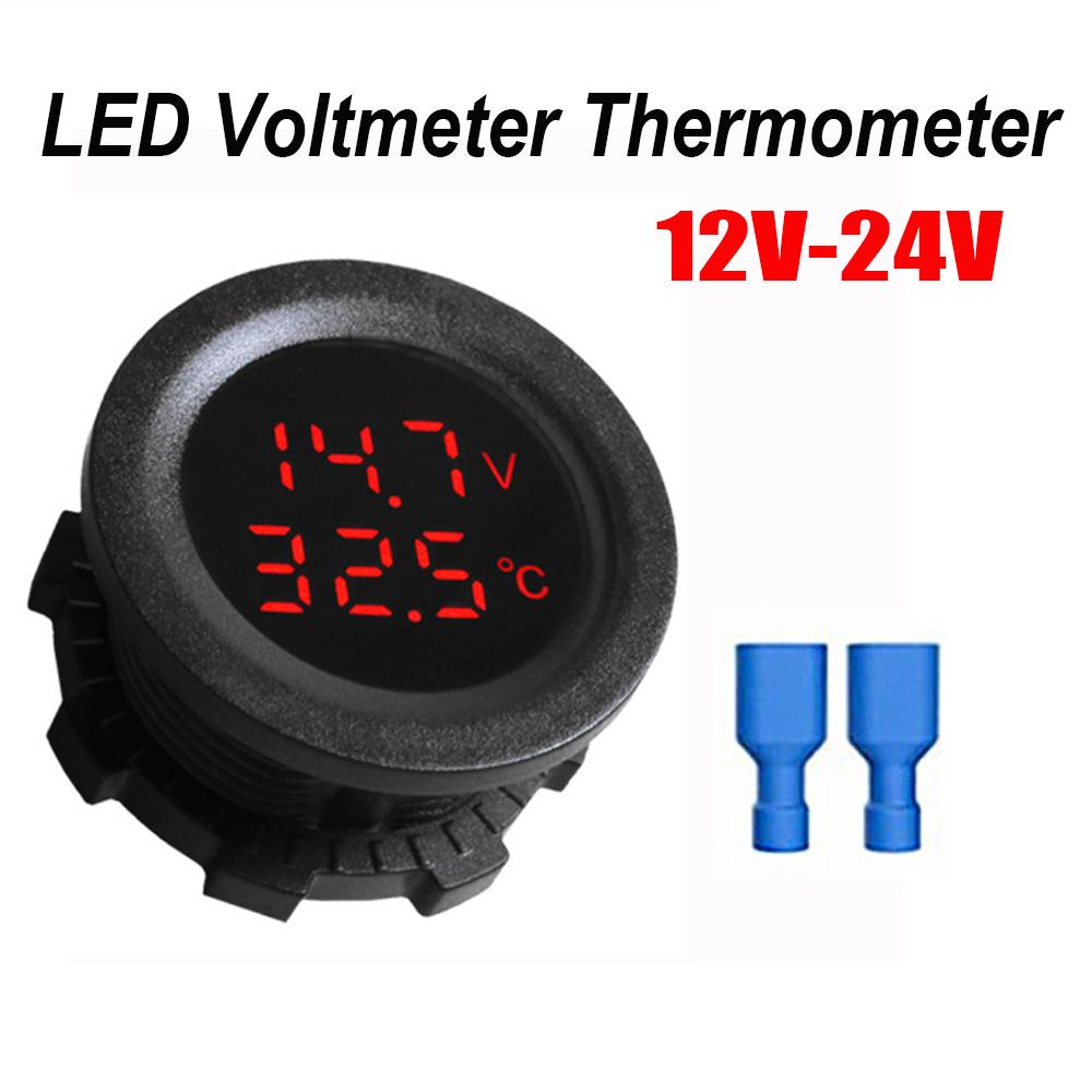 Car Round Temperature Voltmeter 12-24V Auto Voltage Meter Display Digital Measurement for Car Motorcycle Boat Thermometer T