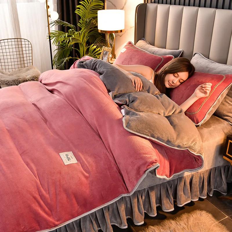 Зимний костюм-четверка из кораллового бархата с двухсторонним утолщением из бархата Falai, фланель молочного бархата, постельное белье, пододеяльник, юбка для кровати