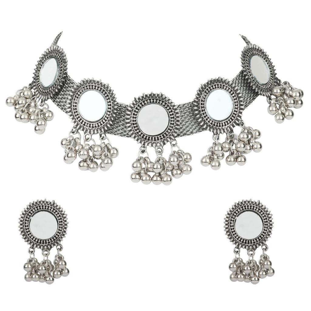 Women Latest Stylish Fancy Oxidised Silver Tribal Choker Necklace With Earrings Jewellery Set