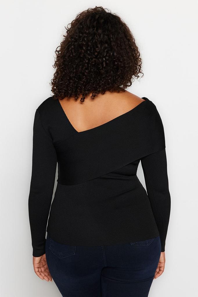 Women's Style Plus Size Black Asymmetric Collar Knitwear Sweater