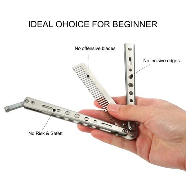 1pc Foldable Comb Stainless Steel Practice Training Butterfly Knife Comb Beard & Moustache Brushes Hairdressing Styling Tool