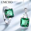 925 Sterling Silver Fashion Jewelry Sets For Women Green Zircon Square Pendant Necklace Ring Set