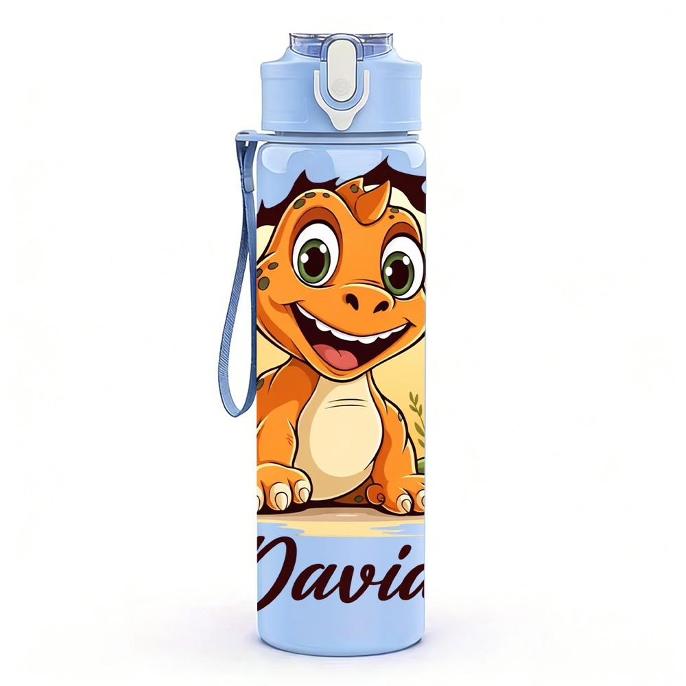 1PC Dinosaur Custom Name Cartoon Print 750ml Color Plastic Sports Water Bottle Leakproof Flip Straw Lid Suitable for Sports Office Home Use