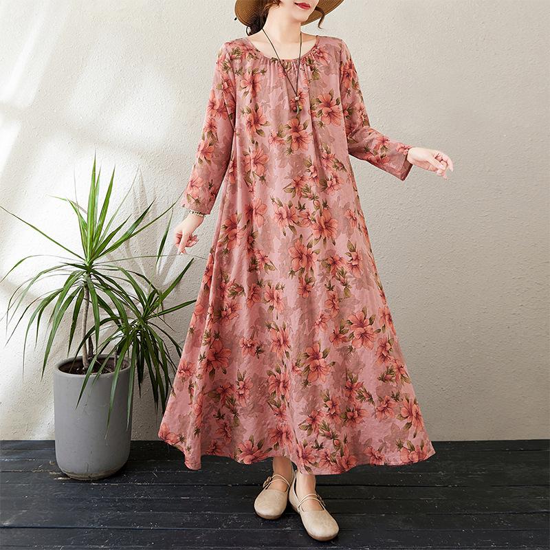 Осеннее литературное свободное платье больших размеров с круглым вырезом и длинными рукавами для весенних женщин в винтажном стиле