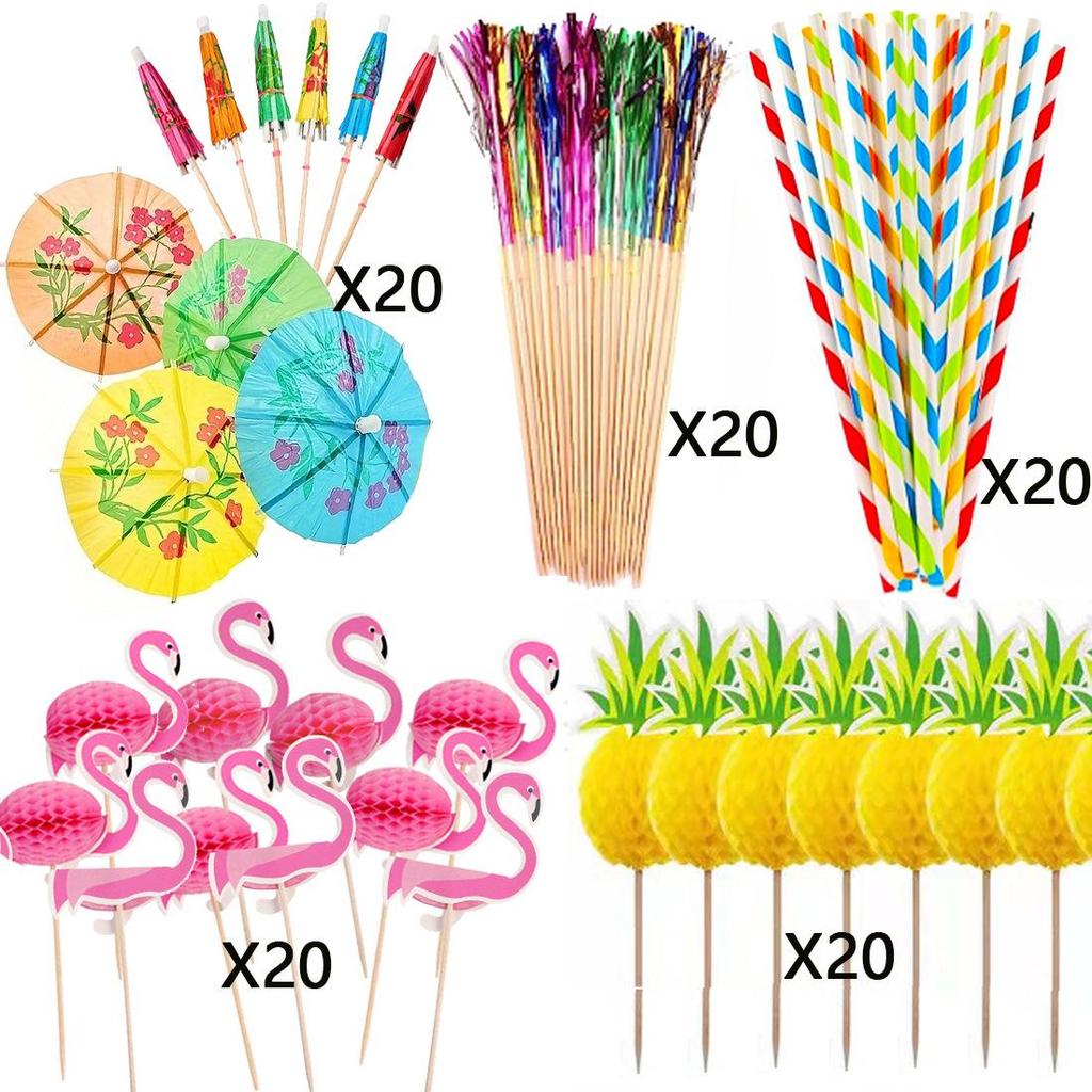 Hawaiian Party Set: 100PCS Colorful Paper Straws, Umbrella Picks, Fruit Picks, Honeycomb Pineapples, Flamingos, Firework Picks