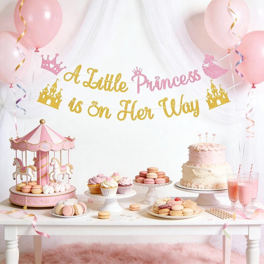 2 Strings A Little Princess Banner Pink Gold Glitter Castle Crown Theme Princess Banner Pre-Strung Princess Party Decor