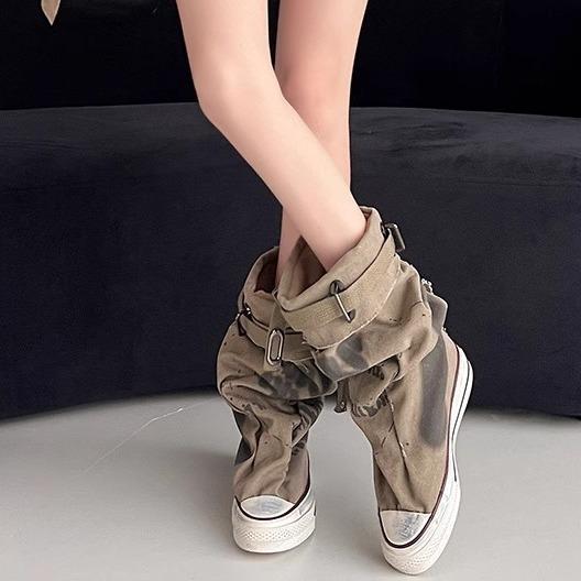Fashion Casual Board Shoes Graffiti High Top Canvas Shoes Women's Spring Boots Wide Tube Mid Tube Boots 2025 New Stacking Boots