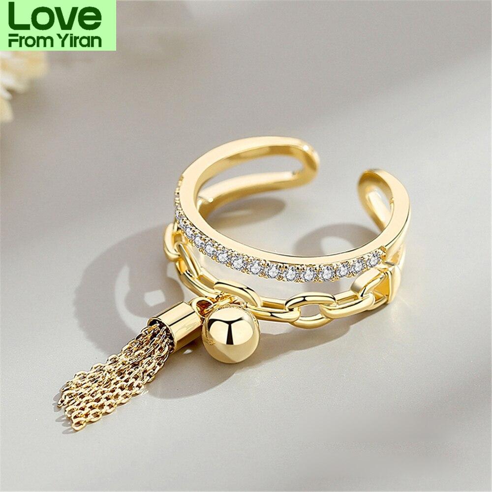 New Link Chain Tassel Gold Color Ring Zirconia With Spike Pendant Charm Fingure Ring For Women Opening Adjustable Ring