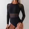 Сексуальный прозрачный сетчатый слитный купальник 2025 Женский Черный Прозрачный С длинным рукавом Слим-фит Купальник с контролем живота Купальные костюмы