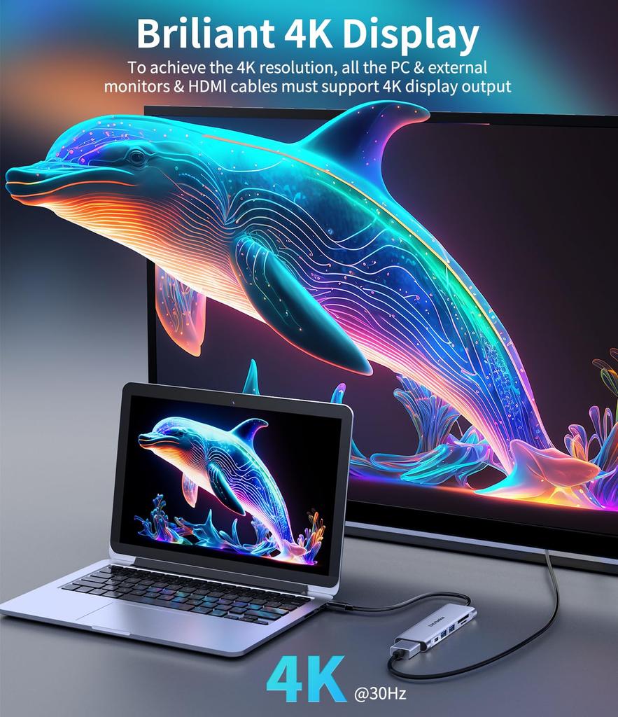 Адаптер-хаб USB C 100 Вт PD Зарядка 4K Кардридер Совместим с MacBook iPad iPhone Galaxy Surface Chromebook для поддержки 7-в-1, HDMI, MicroSD/SD