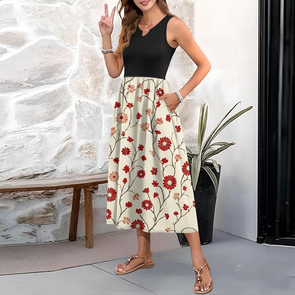 Женское платье без рукавов с цветочным принтом и высокой талией, модное и элегантное